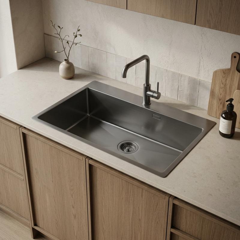 Pure.Sink Luxion Grote Gun metal spoelbak 78x50 cm Tapwing met kraangatbank PLX7850T-61